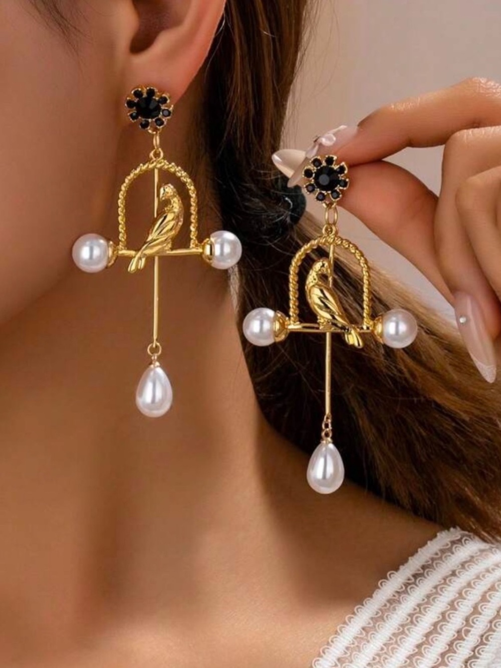 Gold Bird Pearl Drop Earrings with Black Crystal Studs
